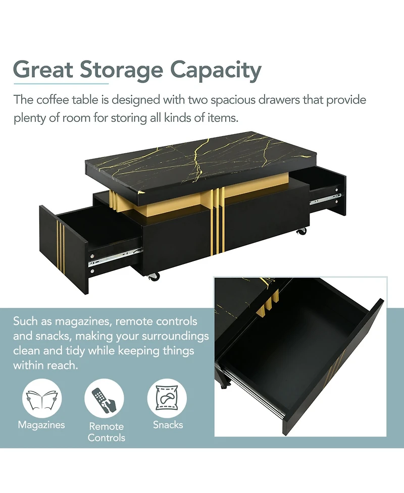 Rainsken Coffee Table with Faux Marble Top, Rectangle Center Table with 2 Drawers and Caster Wheels for Living Room