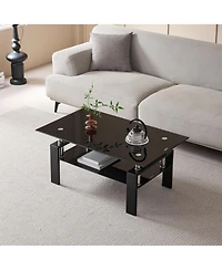 Rainsken Rectangle 2-Tier Glass Coffee Table, Modern Small Center Table with Storage and Metal Legs for Living Room