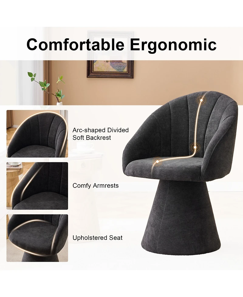 Rainsken Swivel Accent Chair, Chenille Fabric Upholstered Armchair with Curved Backrest and High Cylindrical Base for Living Room, Bedroom