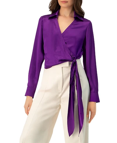 Ivonne Women's Wrap Satin Blouse with Tie Detail