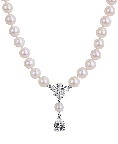 Macy's Cultured Freshwater Pearl & Created White Sapphire (4-1/2 ct t.w.) Necklace in Sterling Silver