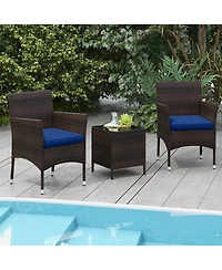 Gymax 3 Pcs Outdoor Conversation Set w/ Cushioned Seat and Tempered Glass Tabletop