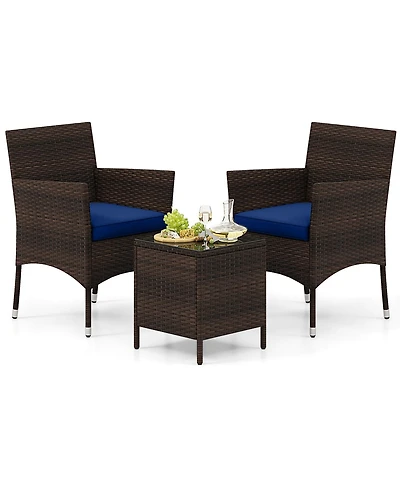Gymax 3 Pcs Outdoor Conversation Set w/ Cushioned Seat and Tempered Glass Tabletop