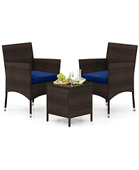 Gymax 3 Pcs Outdoor Conversation Set w/ Cushioned Seat and Tempered Glass Tabletop