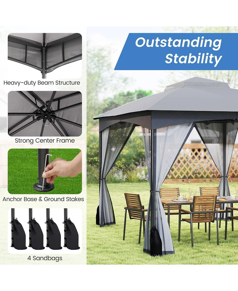 Gymax 10 x 12 Ft Patio Gazebo w/ Netting Walls Soft Top Double Roof Canopy w/ 4 Sandbags