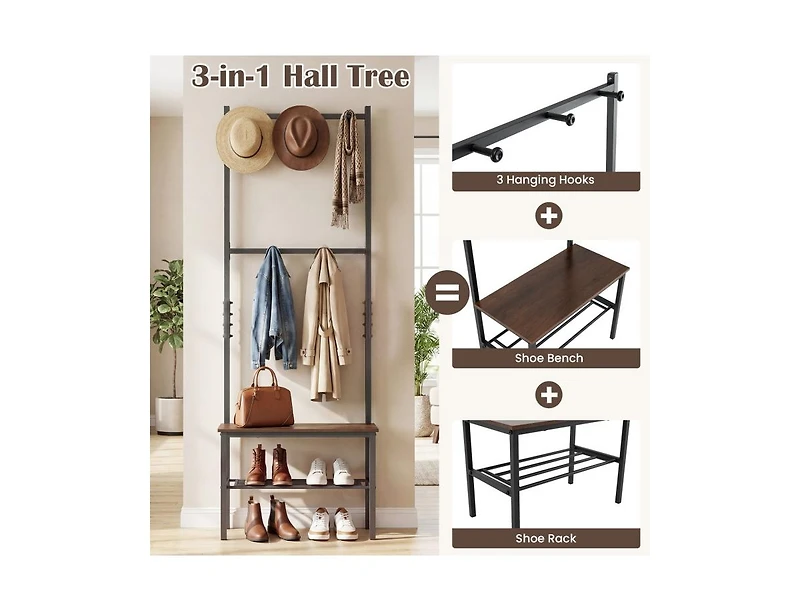 Slickblue Freestanding 3-in-1 Hall Tree with Bench and Hooks