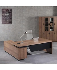 logicfox Retractable Office L-Shaped Desk with Drawers and Lateral File Cabinet