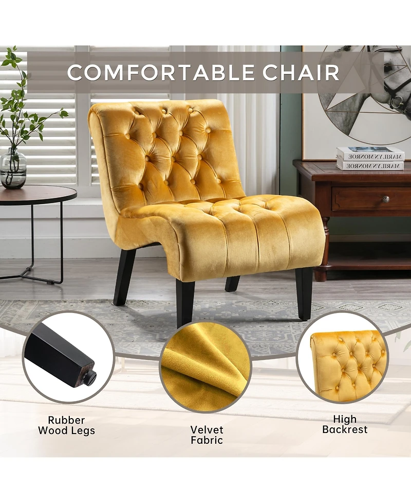 Rainsken Modern Velvet Accent Chair, Upholstered Fabric Button Reading Chaise with Tufted Back, Wooden Legs and Rolled Edge Design for Living Room