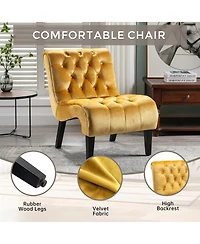 Rainsken Modern Velvet Accent Chair, Upholstered Fabric Button Reading Chaise with Tufted Back, Wooden Legs and Rolled Edge Design for Living Room