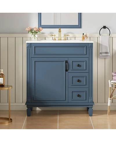 Sillysis 30 Inch Freestanding Bathroom Vanity with Ceramic Sink, French Modern Cabinet, Soft Close Drawers for Small Spaces