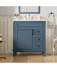 Sillysis 30 Inch Freestanding Bathroom Vanity with Ceramic Sink, French Modern Cabinet, Soft Close Drawers for Small Spaces