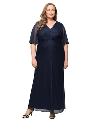 Sl Fashions Plus V-Neck Beaded Knot-Front Ball Gown