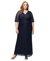 Sl Fashions Plus V-Neck Beaded Knot-Front Ball Gown