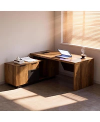 logicfox Retractable Office L-Shaped Desk with Drawers and Lateral File Cabinet