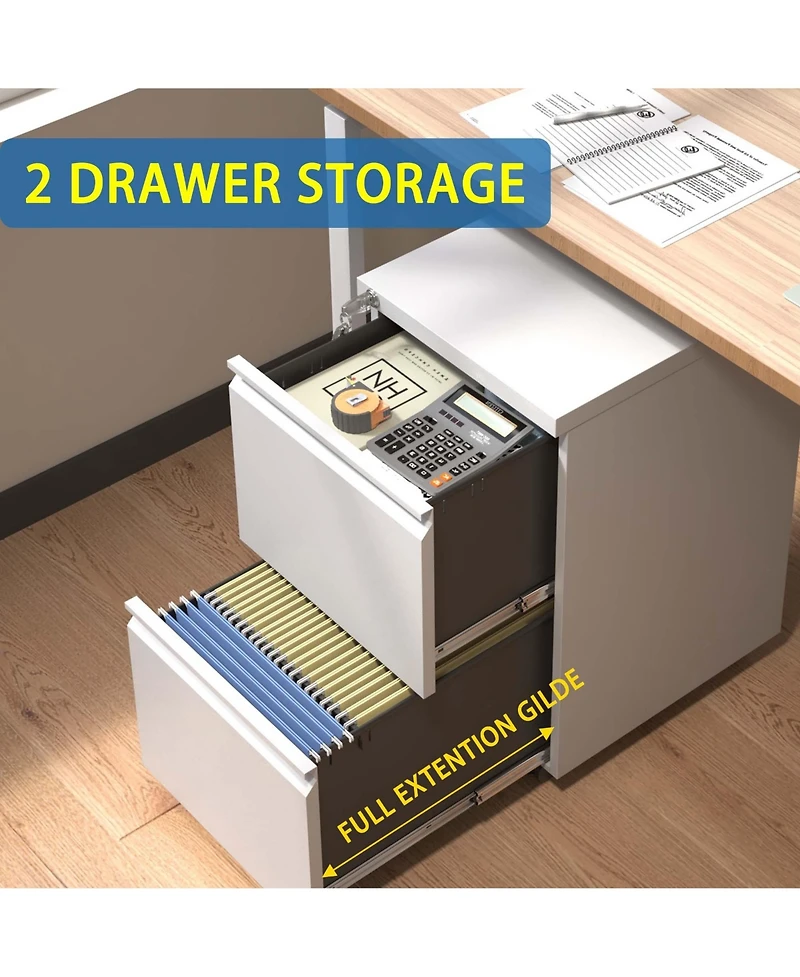 Rainsken 2 Drawer File Cabinet with Lock, Under Desk Rolling Filing Cabinet with Wheels for Home Office Storage, Hanging Legal/Letter/A4 Size