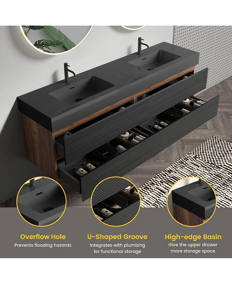 Sillysis 71.7" Floating Modern Double Sink Bathroom Vanity with Soft Close Drawers & Integrated Sinks for Large Bathrooms