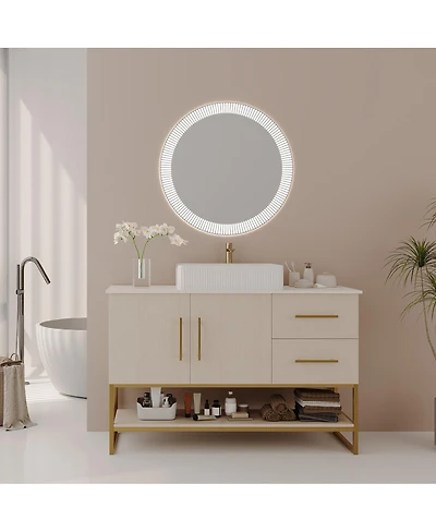 Sillysis 47.2" Bathroom Vanity with Ceramic Vessel Sink, Gold Stainless Steel Frame & Open Shelf, Modern Oak Freestanding Cabinet