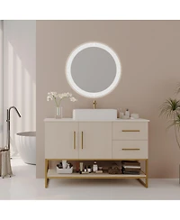Sillysis 47.2" Bathroom Vanity with Ceramic Vessel Sink, Gold Stainless Steel Frame & Open Shelf, Modern Oak Freestanding Cabinet