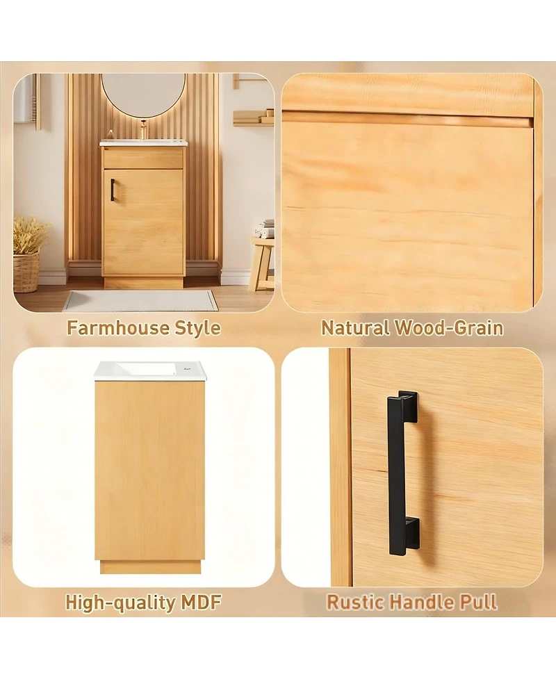 Sillysis 20" Farmhouse Natural Bathroom Vanity with Sink, Rectangular Ceramic Top, Soft Close Door & Adjustable Shelf for Small Space