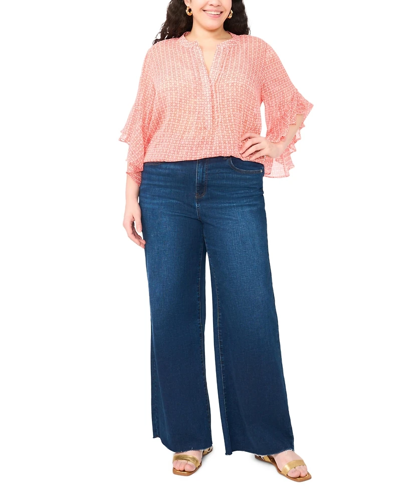 Vince Camuto Plus Pin Tuck Flutter-Sleeve Henley Blouse