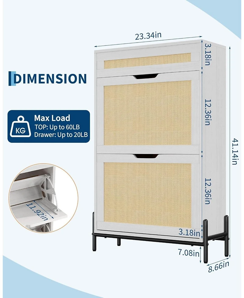 Gaomon Rattan Shoe Cabinet Storage with 2 Flip Drawers & Top Drawer, Freestanding Organizer Wooden Slim Rack Adjustable Shelves