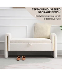 Rainsken Upholstered Storage Ottoman, Modern Teddy End of Bed Bench, Window Storage Stool with Arms for Living Room