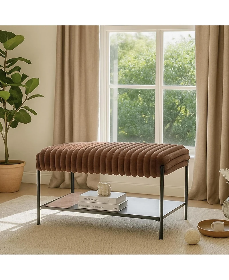 Rainsken 30.7" Wide Upholstered Ottoman, Faux Fur Footstool with Wooden Open Storage Shelf and Black Metal Legs for Living Room