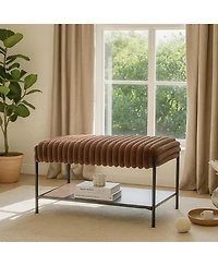 Rainsken 30.7" Wide Upholstered Ottoman, Faux Fur Footstool with Wooden Open Storage Shelf and Black Metal Legs for Living Room