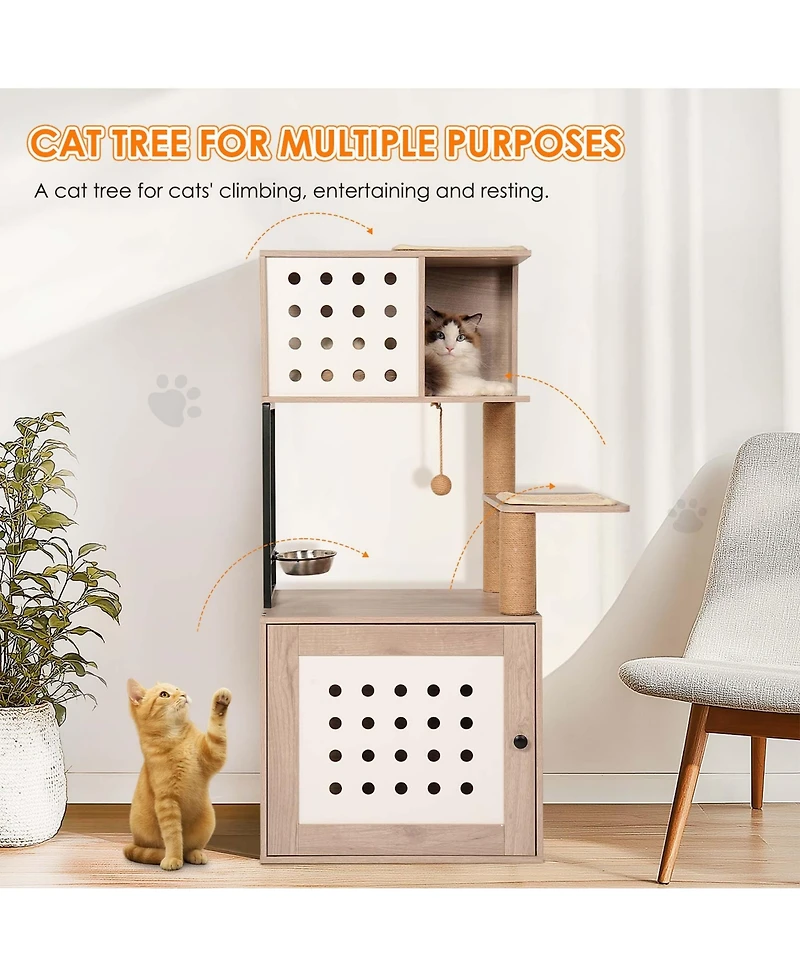 Aostirmotor Cat Tree with Litter Box Enclosure, Hammock and Scratching Posts
