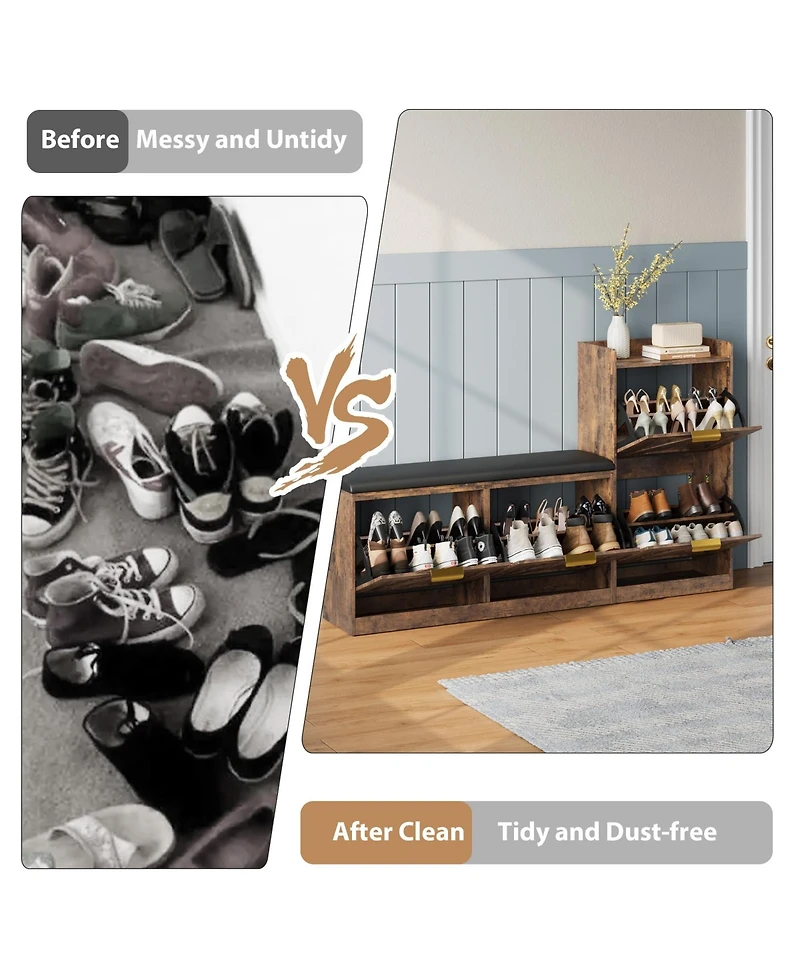 Homfan Farmhouse Entryway Shoe Cabinet with Bench and 4 Flip Drawers, Comfort Cushioned Shoe Storage Bench, Freestanding Shoe Organizer