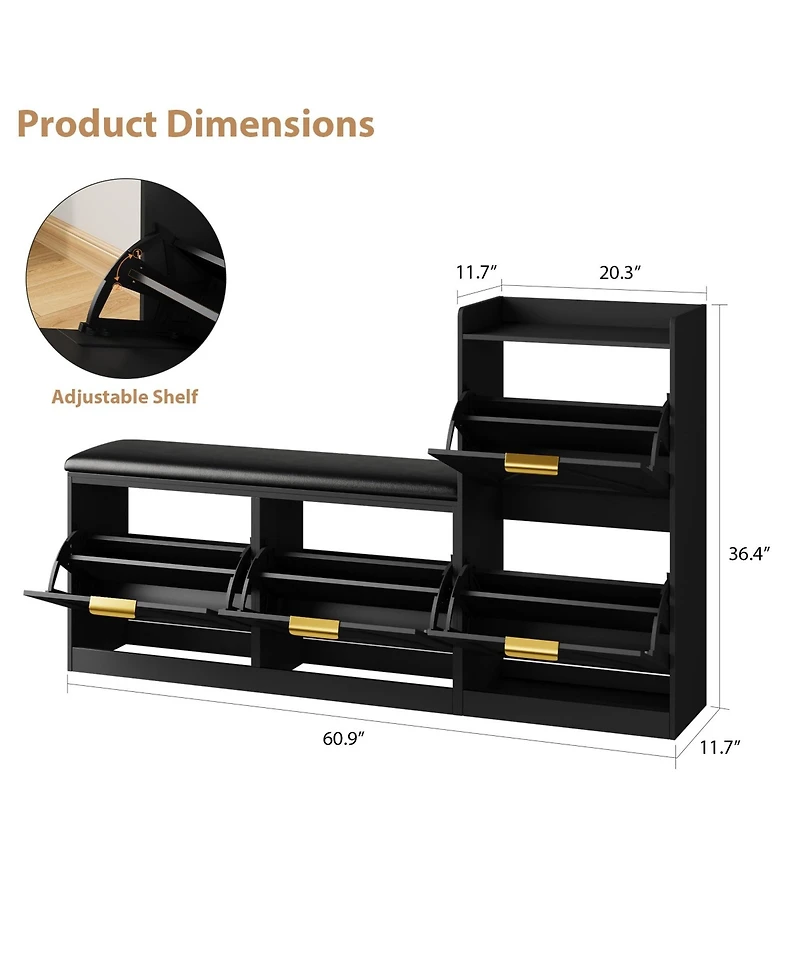 Homfan Farmhouse Entryway Shoe Cabinet with Bench and 4 Flip Drawers, Comfort Cushioned Storage Bench, Freestanding Organizer