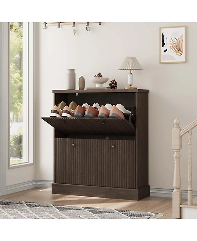 Homfan Fluted Shoe Cabinet with 2 Flip Drawers, Hidden Wooden Adjustable Shelf, Freestanding Storage