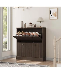 Homfan Fluted Shoe Cabinet with 2 Flip Drawers, Hidden Wooden Adjustable Shelf, Freestanding Storage