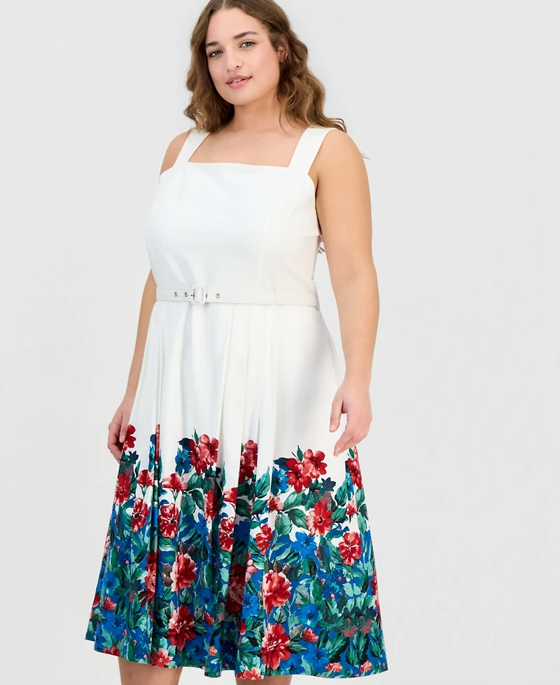Tahari Asl Plus Border-Print Sleeveless Belted Dress