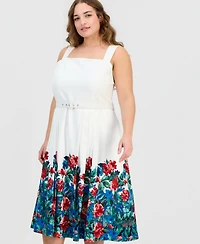 Tahari Asl Plus Border-Print Sleeveless Belted Dress
