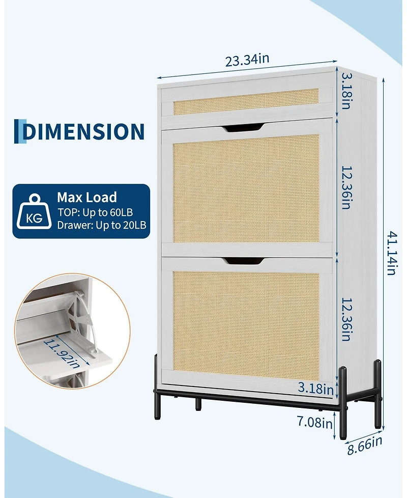 Homfan Rattan Shoe Cabinet Storage with 2 Flip Drawers and Top Drawer, Freestanding Shoe Organizer Wooden Slim Shoe Rack Storage