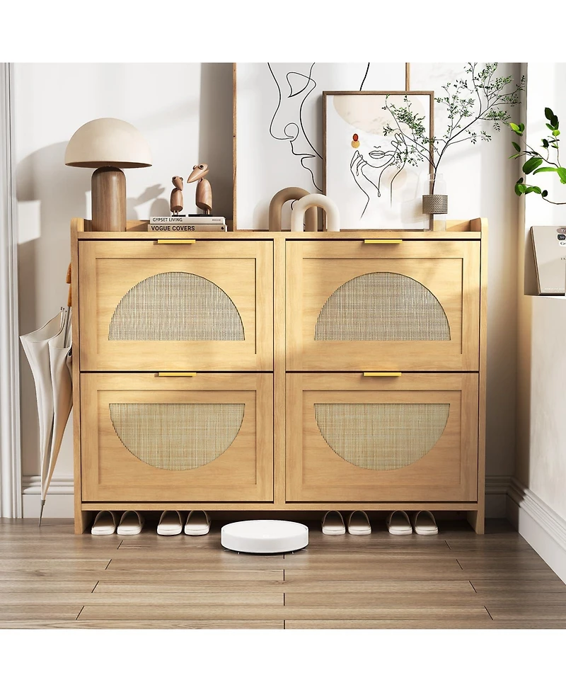 Homfan Rattan Shoe Storage Cabinet with 4 Flip Drawers, Free Standing Wooden Shoe Storage Organizer Cabinet with Adjustable Shelves