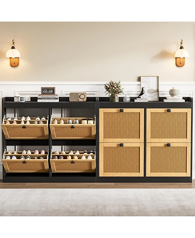 Homfan 2Pcs Shoe Cabinet Rattan with 4 Flip Drawers, Wooden Freestanding Shoe Organizer with Adjustable Shelves, Shoe Storage for Entryway