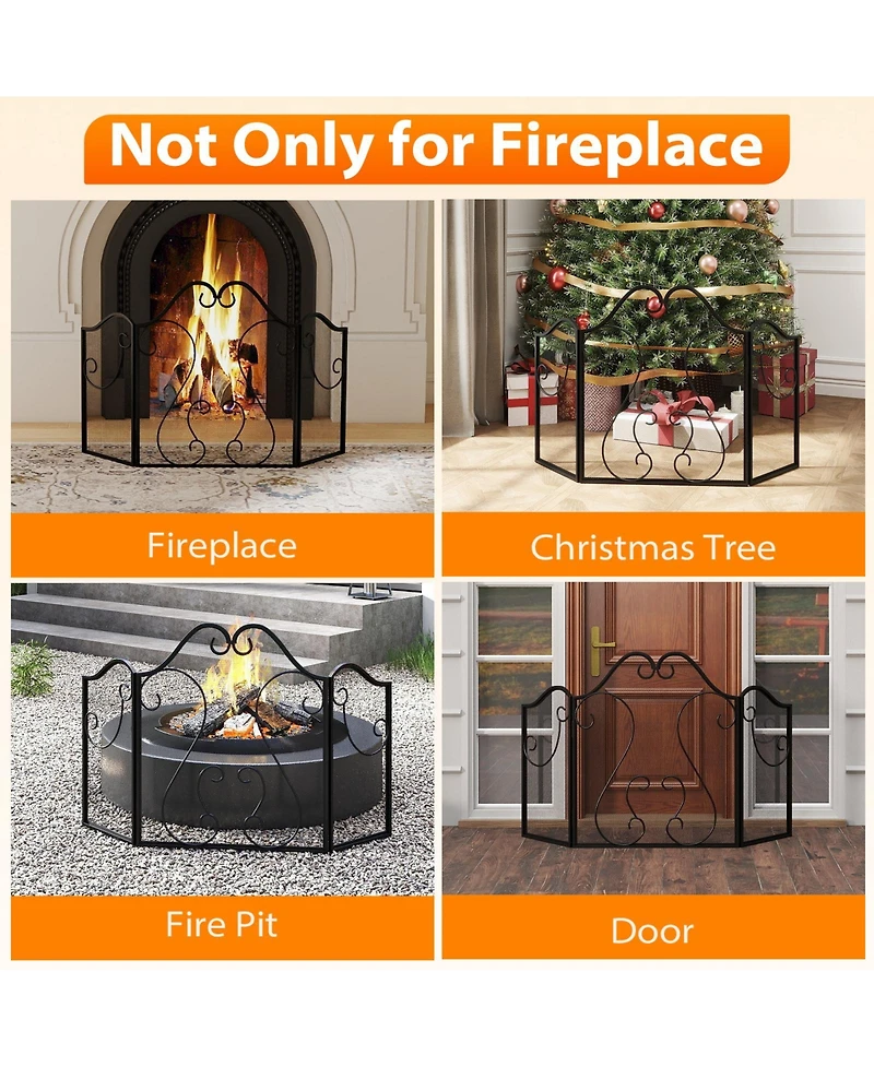 Sugift Three Panel Fireplace Screen Foldable Spark Guard with Scrollwork