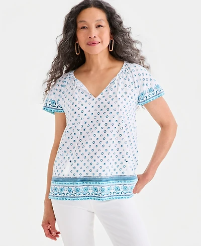 Style & Co Women's Printed Split-Neck Flutter Sleeve Top, Macy's Exclusive