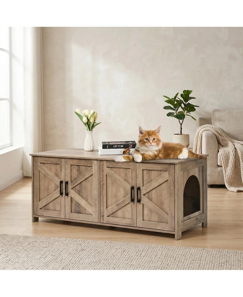 Zeus and Ruta Wooden Cat Litter Box Enclosure Hidden 2 Rooms Modern Litter Box Furniture Greige