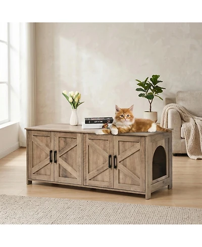 Zeus and Ruta Wooden Cat Litter Box Enclosure Hidden 2 Rooms Modern Litter Box Furniture Greige