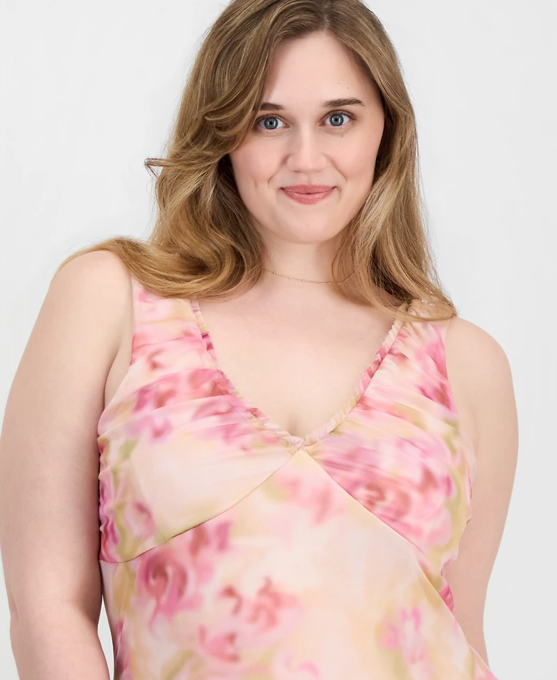 Planet Gold Trendy Plus V-Neck Printed Mesh Maxi Dress