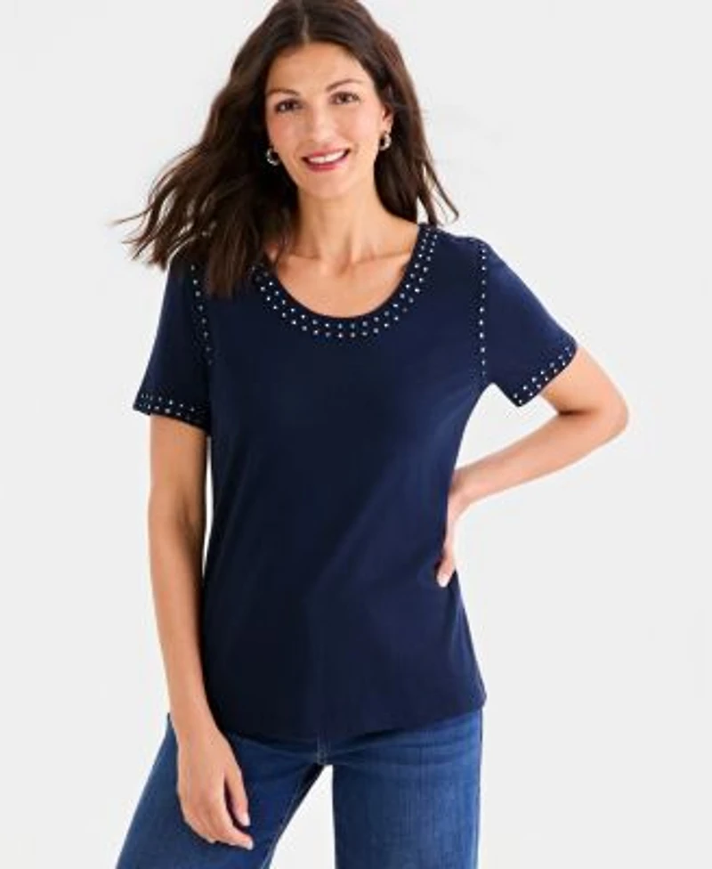 Style Co Womens Embellished Scoop Neck Top Macys Exclusive