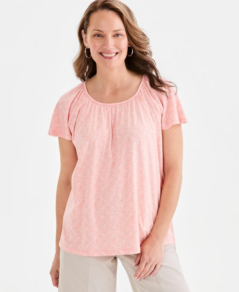 Style & Co Women's Printed Scoop-Neck Flutter-Sleeve Top, Macy's Exclusive