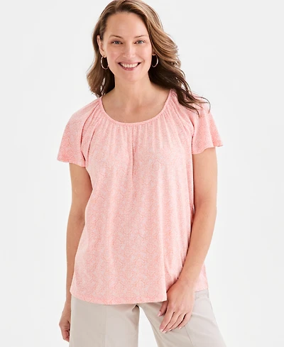 Style & Co Women's Printed Scoop-Neck Flutter-Sleeve Top, Macy's Exclusive