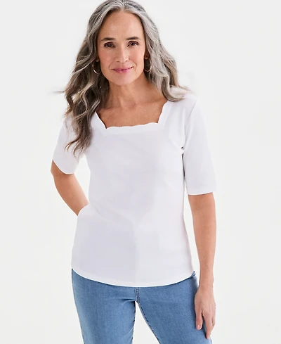Style & Co Women's Cotton Scalloped Square-Neck Top, Macy's Exclusive