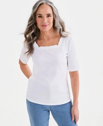 Style Co Womens Cotton Scalloped Square Neck Top Macys Exclusive