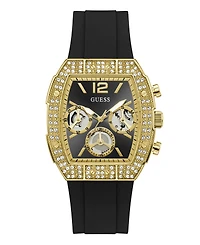 Guess Men's Crystal Gold-Tone Stainless Steel Black Silicone Multi-Function Watch, 41mm