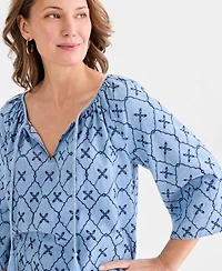 Style & Co Women's Chambray Split-Neck Embroidery Top, Macy's Exclusive